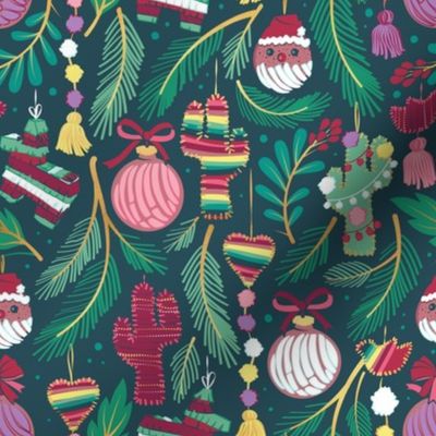 Small scale // Mexican Christmas Tree // green background green pine leaves multicoloured holiday decorations pan dulce balls cacti hearts birds pom-pom garland pinatas santa claus conchas donuts