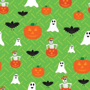 Black Birds Skeletons Pumpkins and Ghosts