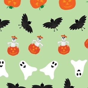 Ghosts Pumpkins Black Birds Skeletons