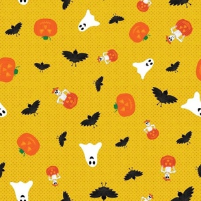 Ghosts Black Birds Pumpkins and Skeletons