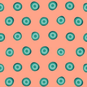 Retro circles. Turquoise on salmon background