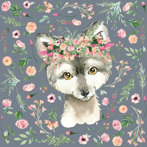 18x18" pink floral baby wolf patch on stone blue background