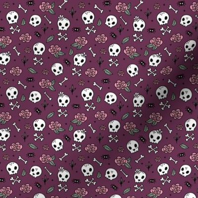 Little roses and bones skulls for girls halloween day of the dead skeleton garden purple aubergine SMALL