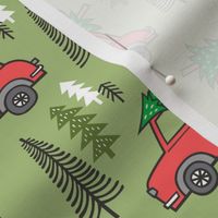 Holiday Christmas Tree Red Car Woodland Fall on Light Green