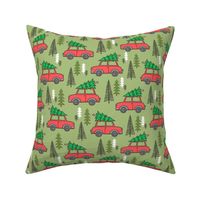 Holiday Christmas Tree Red Car Woodland Fall on Light Green