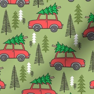 Holiday Christmas Tree Red Car Woodland Fall on Light Green