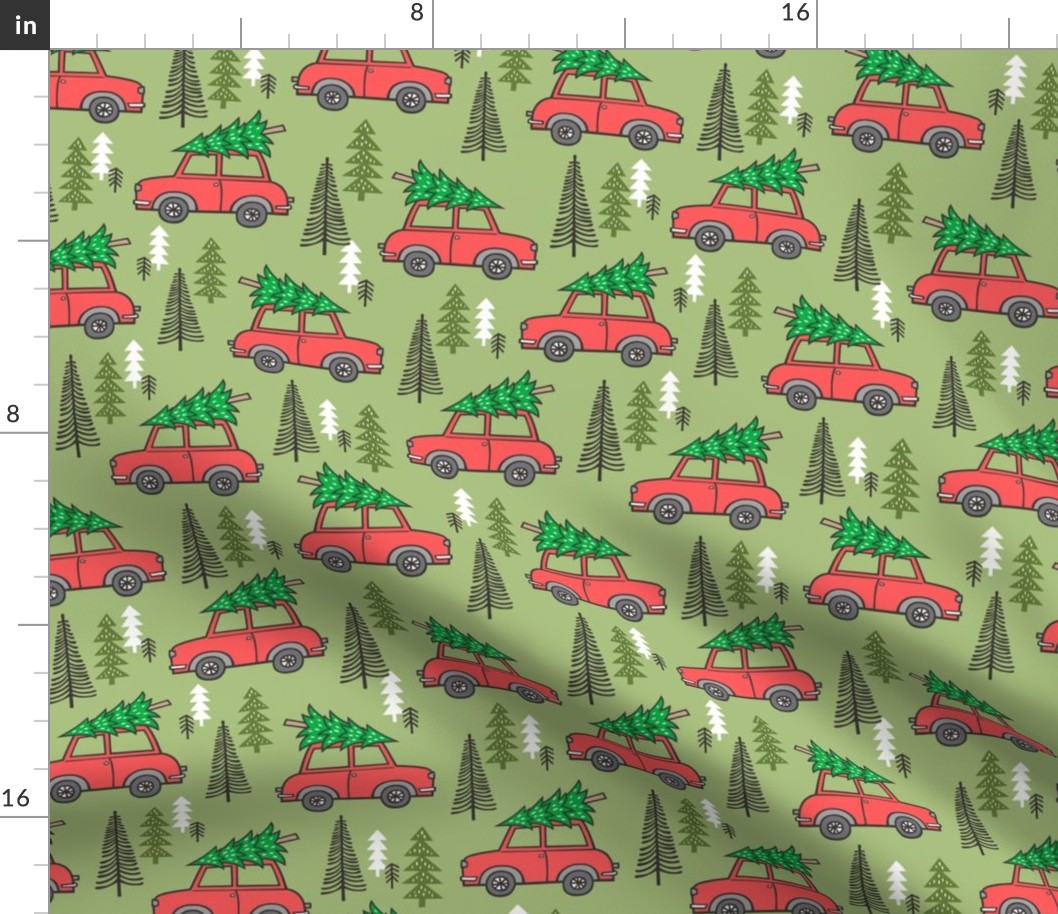 Holiday Christmas Tree Red Car Woodland Fall on Light Green