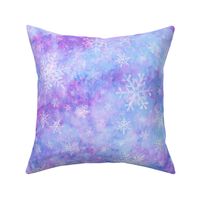Pastel blue and purple watercolor snowflakes, winter sky