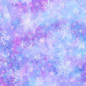 Pastel blue and purple watercolor snowflakes, winter sky