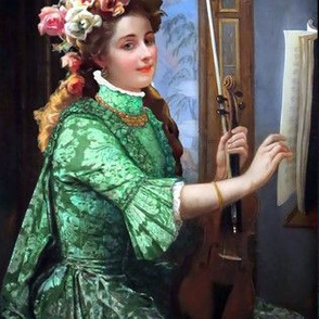 Victorian flowers floral roses green dress gowns fairy tales violins violinists musicians musical scores ringlets curly barrel curls brown hair blue flared sleeves 19th century beauty portraits beautiful woman lady jewelry elegant gothic lolita egl