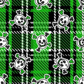 Cute punk skull on plaid background vector pattern.