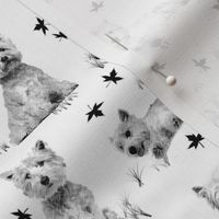 westie dogs & maple leaves sketch black & white