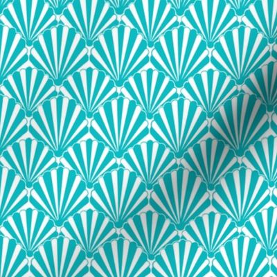 Teal  seashell fabric or wallpaper // 1920s Art Deco // teal Shell / Seashell / Clamshell