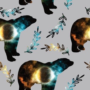 space bear universe speaks watercolor galaxy on gray background