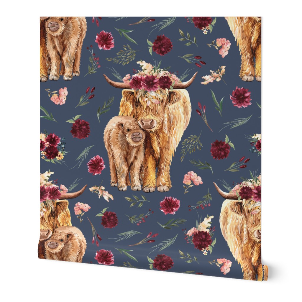 maroon floral highland cow on stone blue background - 4.5 inch