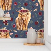 maroon floral highland cow on stone blue background - 4.5 inch