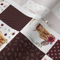 2" maroon floral highland cow cheater quilt