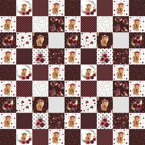 2" maroon floral highland cow cheater quilt