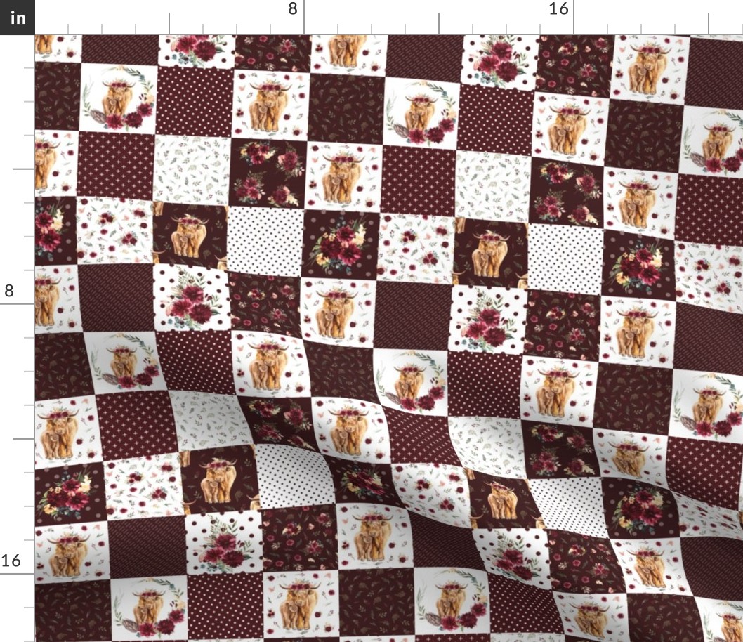 2" maroon floral highland cow cheater quilt