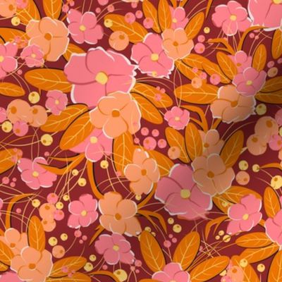 Small retro flowers. Pink, orange, peach on a burgundy background