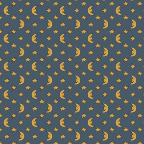 Silly Moon and Stars in Gold on Navy Blue