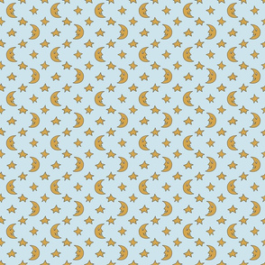 Moon and Stars in Gold on Light Blue