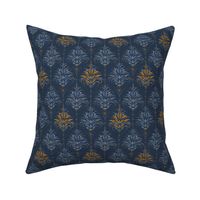 (small) Cozy Folk Floral / Blue and Orange Motif on Navy / Detailed Hand-Drawn Floral Damask / coordinates with Navy, Desert Sun, Fog petalsolids / medium scale