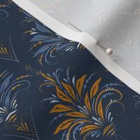 (small) Cozy Folk Floral / Blue and Orange Motif on Navy / Detailed Hand-Drawn Floral Damask / coordinates with Navy, Desert Sun, Fog petalsolids / medium scale