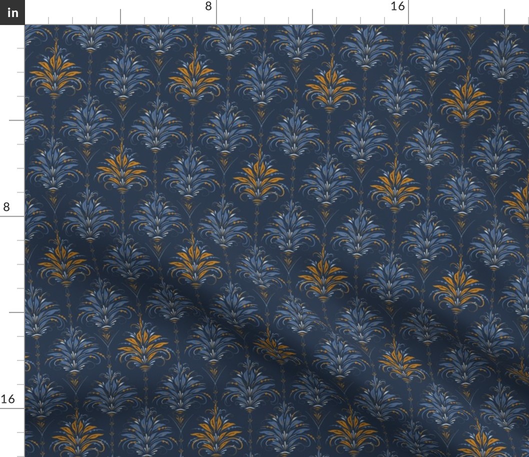 (small) Cozy Folk Floral / Blue and Orange Motif on Navy / Detailed Hand-Drawn Floral Damask / coordinates with Navy, Desert Sun, Fog petalsolids / medium scale