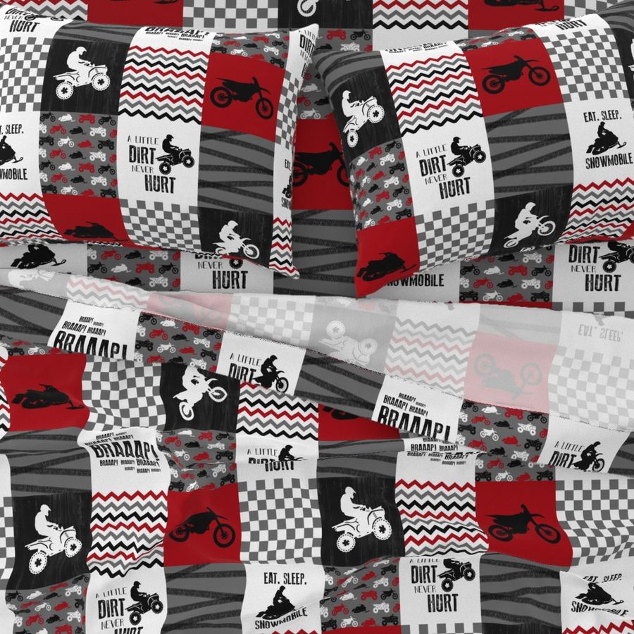 A little Dirt Never Hurt//Eat Sleep Snowmobile//ATV Combo RED - Wholecloth Cheater Quilt