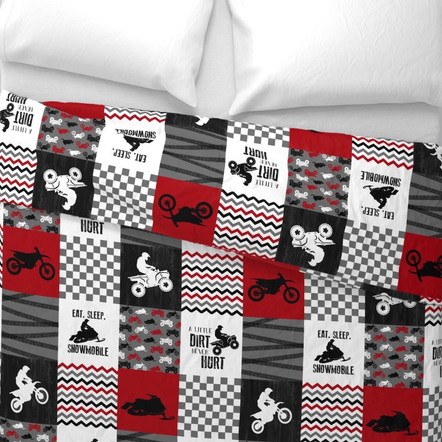 A little Dirt Never Hurt//Eat Sleep Snowmobile//ATV Combo RED - Wholecloth Cheater Quilt