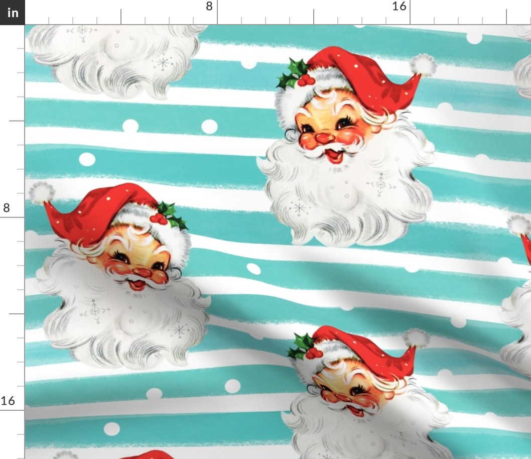 Jolly Retro Santa on Aqua Stripe background - large scale