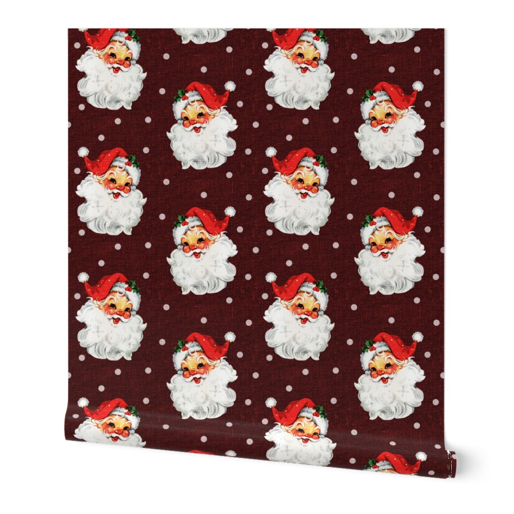 Jolly Retro Santa on Red Wine Linen - medium scale