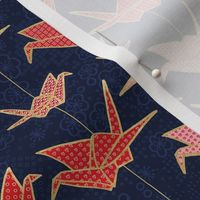 Red Origami Cranes on Navy Blue / Small Scale