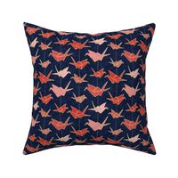 Red Origami Cranes on Navy Blue / Small Scale