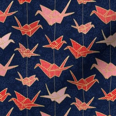 Red Origami Cranes on Navy Blue / Small Scale