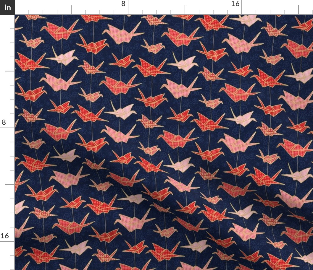 Red Origami Cranes on Navy Blue / Small Scale