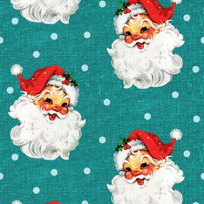 Jolly Retro Santa on Teal Linen - large scale