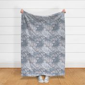 Art deco Blue and grey lotus Flower Leaves Floral Japanese Toile lily