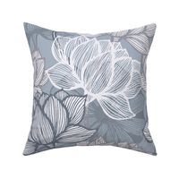Art deco Blue and grey lotus Flower Leaves Floral Japanese Toile lily