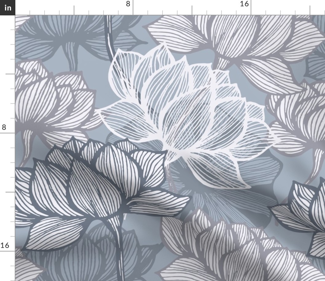 Art deco Blue and grey lotus Flower Leaves Floral Japanese Toile lily