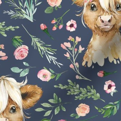 floral baby highland cow on stone blue background