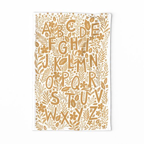Floral Alphabet - textured yellow block print tea towel