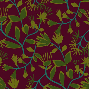 Papercut Floral Medium Green on Burgundy