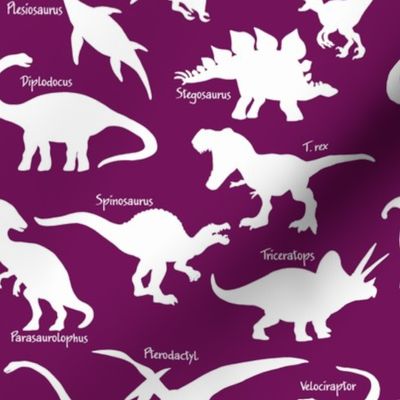 White Dinosaurs with names over Dark Purple 