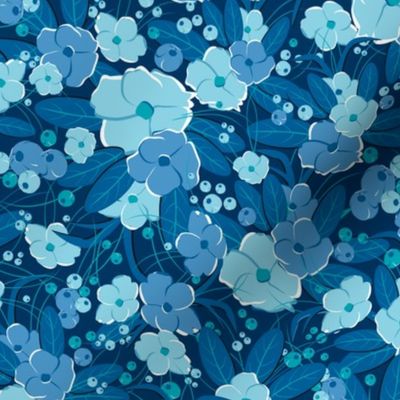 Small retro flowers. Light blue, blue on dark blue background