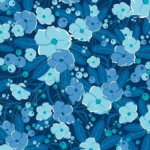 Small retro flowers. Light blue, blue on dark blue background