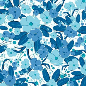 Small retro flowers. Light blue, blue on white background