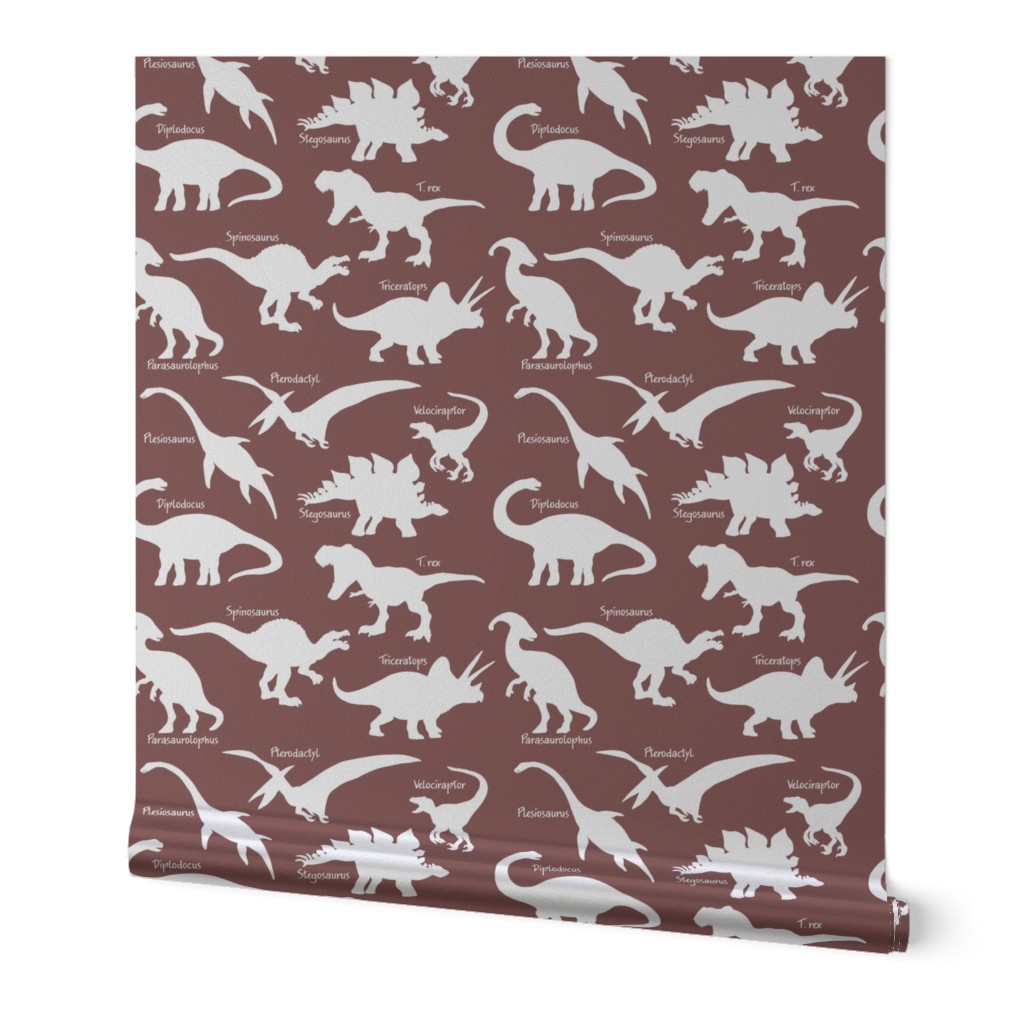White Dinosaurs with names over Dark Brown