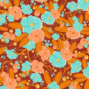 Small retro flowers. Bright turquoise, peach on a red-brown background